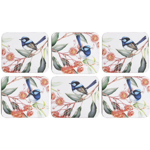 Blue Wren & Eucalyptus Set of 6 Cork Backed Coasters