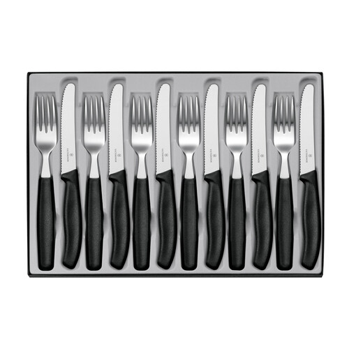 Swiss Classic Black 12 Piece Table Set (6 x wavy edge steak knives & 6 x table forks)