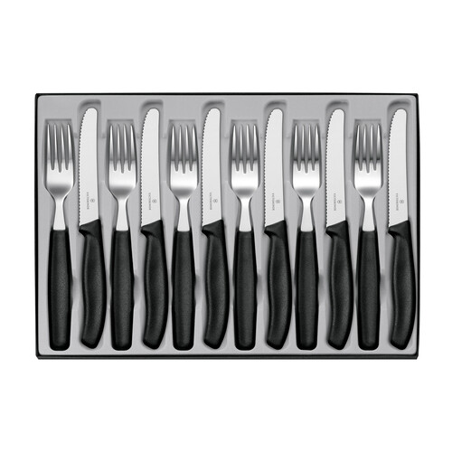 Victorinox Swiss Classic Black 12 Piece Table Set (6 x wavy edge steak knives & 6 x table forks)