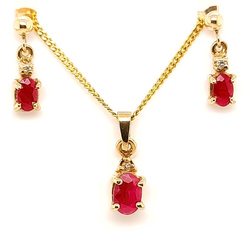 9 Carat Yellow Gold Ruby and Diamond Pendant / Earring Set
