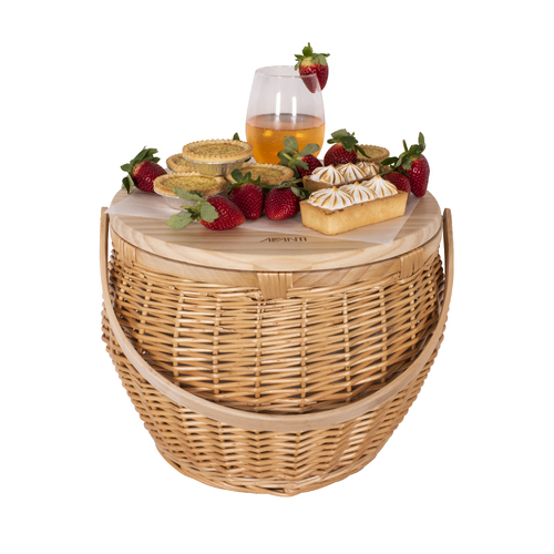 Round Insulated Wicker/Pine Wood Top Zen Arc Pattern Picnic Basket