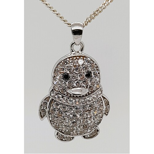Sterling Silver Cubic Zirconia Penguin Pendant with Sapphire Eyes - CLEARANCE