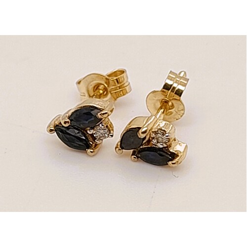 9 Carat Yellow Gold Marquis Shaped Sapphire and Diamond Set Stud Earrings