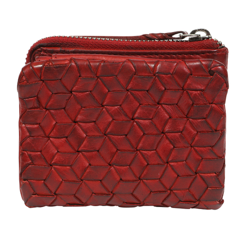 Red Vintage Leather Compact Wallet with Front Weave