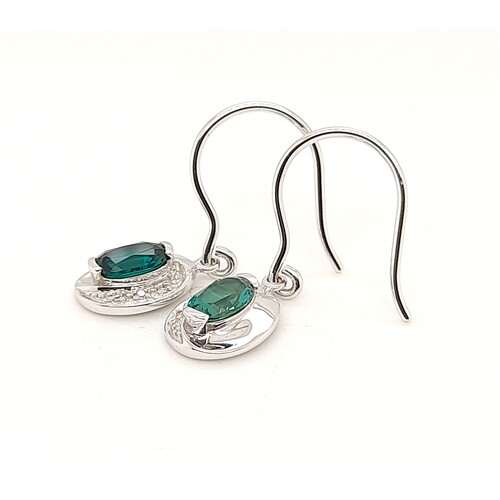 9 Carat White Gold Created Emerald and Diamond Drop Earrings
