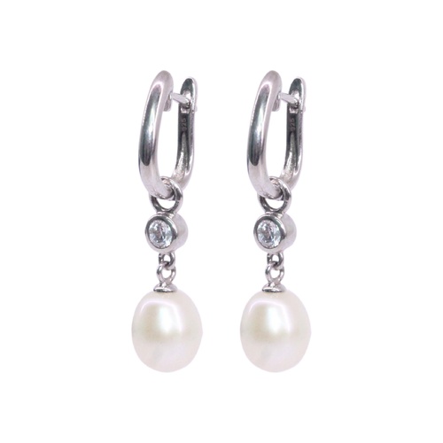 Sterling Silver Freshwater Pearl and Cubic Zirconia Drop Huggie Earrings CLEARANCE