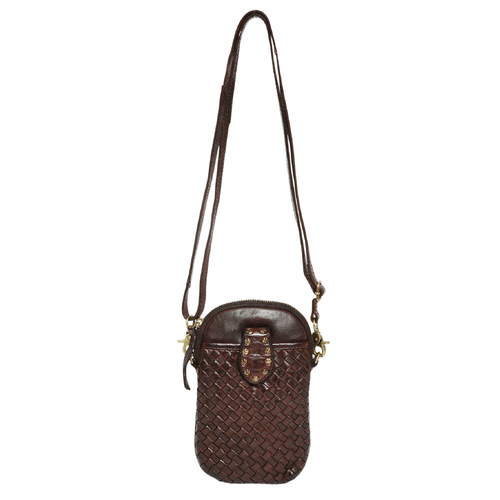 Dark Brown Cow Leather Cross Body Bag with Front Woven Pocket