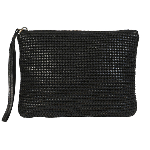Black Vintage Cow Leather Collection Wristlet Front Weave Bag