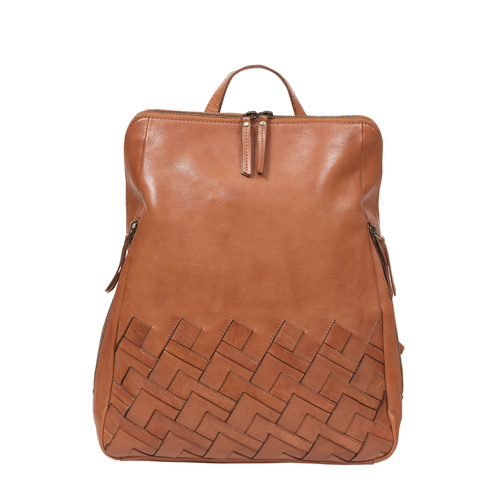 Modapelle Tan Leather Backpack with Decorative Front Weave