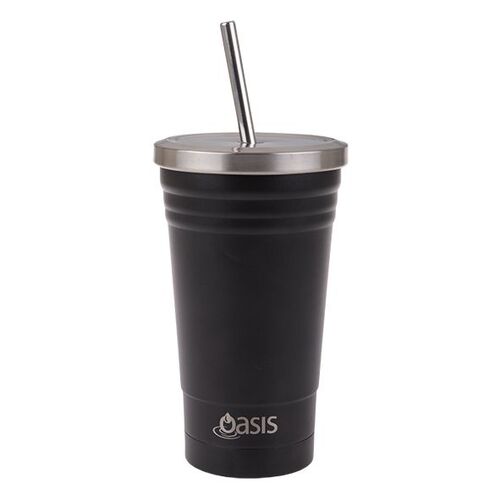 Black 500ml Stainless Steel Double Wall Insulated Smoothie Tumbler with Straw