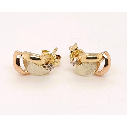 9 Carat Three-tone Satin Finish White Gold Diamond Set Stud Earrings