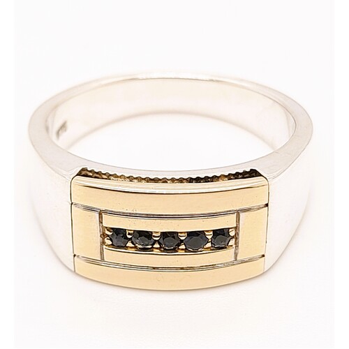 Two Tone Sterling Silver & 9 Carat Yellow Gold Sapphire Signet Ring AUS Size U