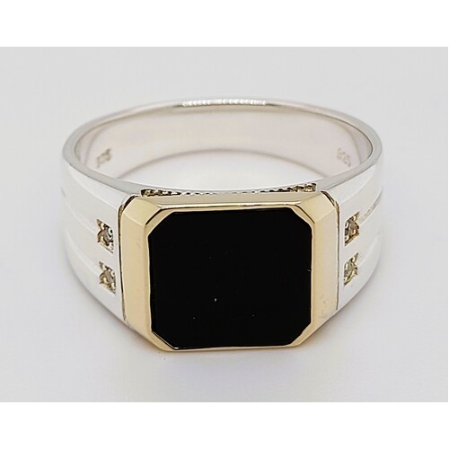 Sterling Silver & 9 Carat Yellow Gold Black Onyx & Diamond Ring AUS Size U½