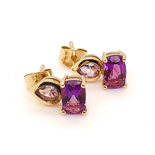 Multi-tone Amethyst 9 Carat Yellow Gold Stud Earrings