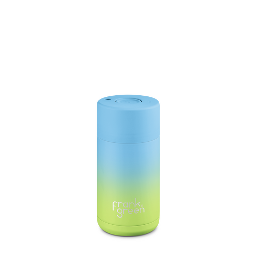 Limited Edition 355ml (12oz) Gradient Sky Blue / Pistachio Green Stainless Steel Ceramic Reusable Cup with Button Lid