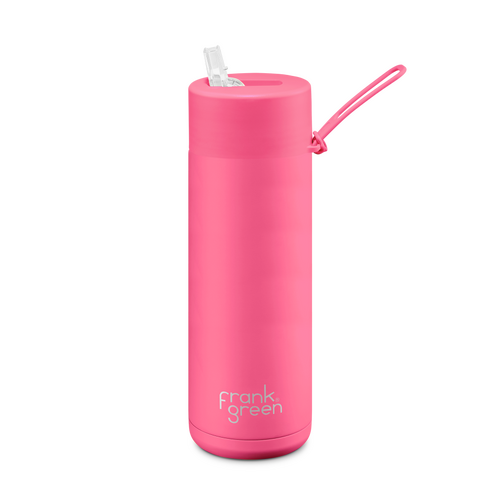 595ml (20oz) Neon Pink Reusable Stainless Steel Ceramic Bottle with Straw Lid