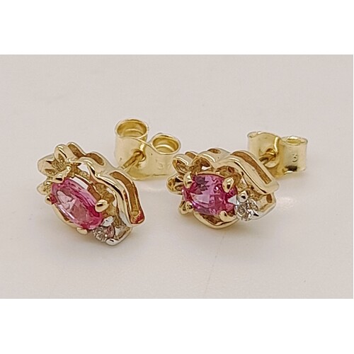 9 Carat Yellow Gold Pink Cubic Zirconia and Diamond Stud Earrings