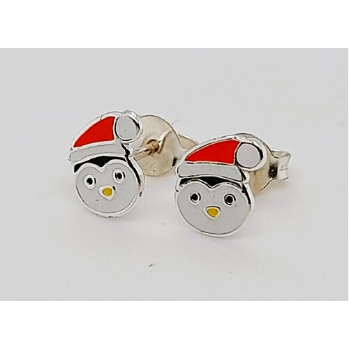 Sterling Silver Enamel Christmas Penguin Stud Earrings