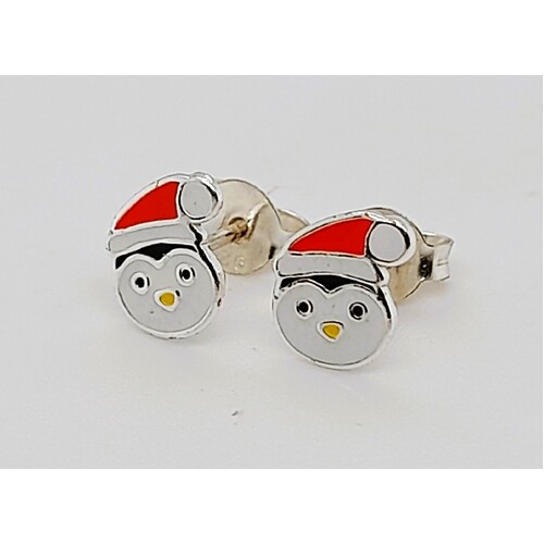 Sterling Silver Enamel Christmas Penguin Earrings