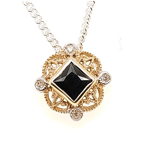 9 Carat Two Tone Yellow & White Gold Filigree Sapphire and Diamond Slider Pendant