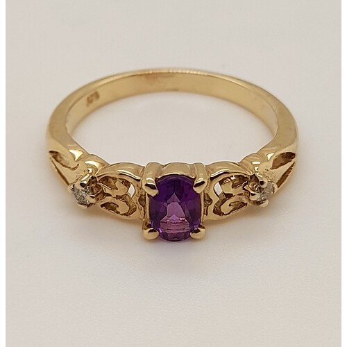 9 Carat Yellow Gold Amethyst and Diamond Dress Ring AUS Size O