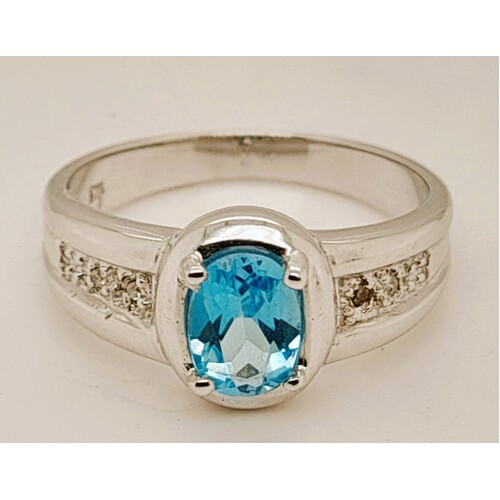 9 Carat White Gold Blue Topaz and Diamond Claw Set Ring AUS Size O