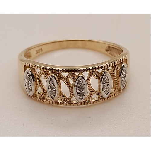 9 Carat Yellow Gold Diamond Set Filigree Dress Ring AUS Size O1/2