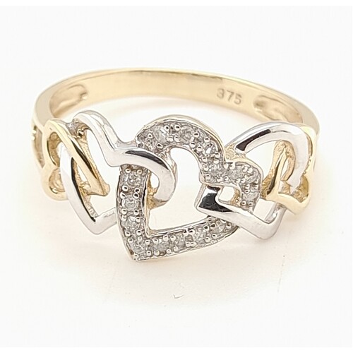 9 Carat Yellow and White Gold Diamond Set Heart Ring AUS Size P