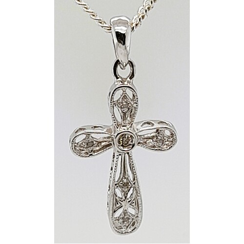 9 Carat White Gold & Diamond Cross Pendant