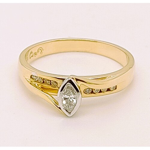 18 Carat Yellow Gold Marquise Diamond Ring with Channel Set Diamond Shoulders AUS Size P