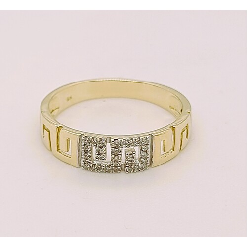 9 Carat Yellow Gold and Diamond Ring in a Greek Key Design AUS Size N1/2