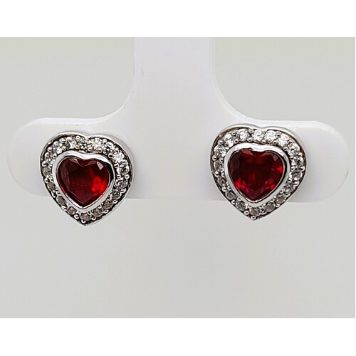 Sterling Silver Red Cubic Zirconia Heart Shaped Earrings