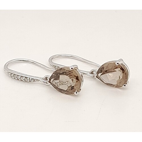 9 Carat White Gold Smokey Quartz and Diamond Drop Earrings