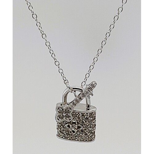 Sterling Silver Cubic Zirconia Padlock and Key Necklace