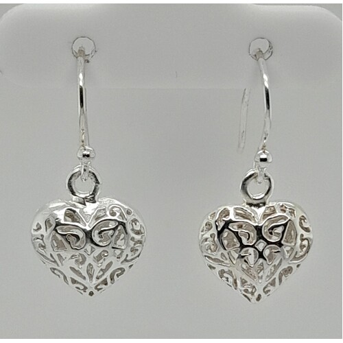 Sterling Silver Filigree Puff Heart Drop Earrings