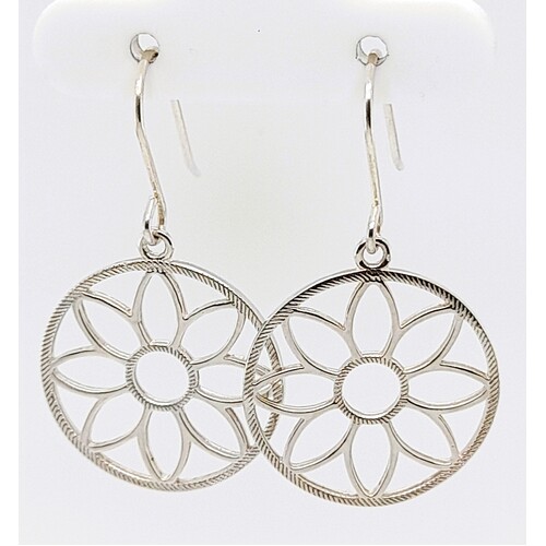 Sterling Silver Reed Edge Flower of Life Drop Earrings