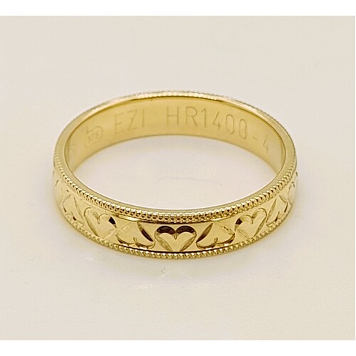 9 Carat Yellow Gold Ring Engraved with Hearts AUS Ring Size M½