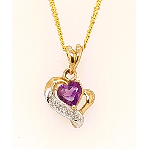 9 Carat Yellow Gold Claw Set Heart Shaped Amethyst and Diamond Pendant