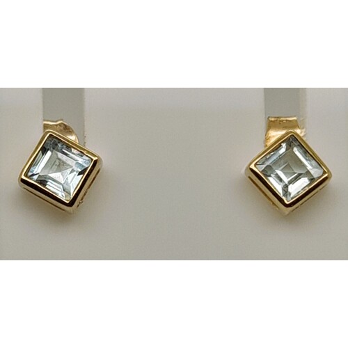 9 Carat Yellow Gold Square Cut Blue Topaz Stud Earrings