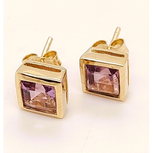 9 Carat Yellow Gold Bezel Set Amethyst Stud Earrings