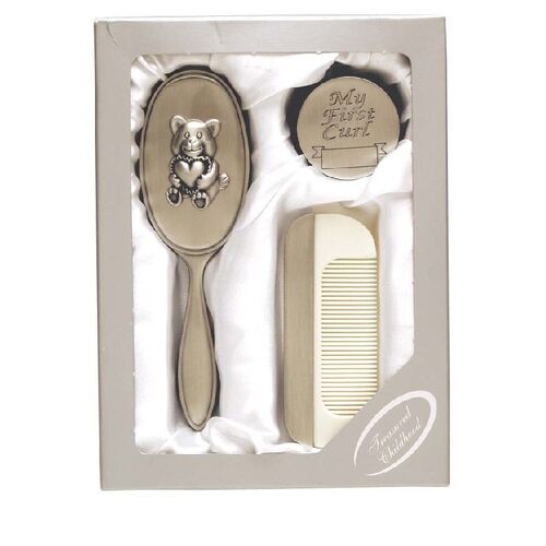 Pewter Finish Babies/ Infants Brush, Comb & First Curl Set