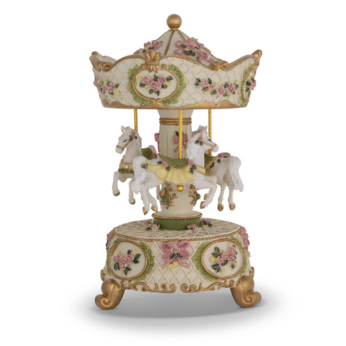 Pink Resin 3 White Horse Forains Musical Carousel