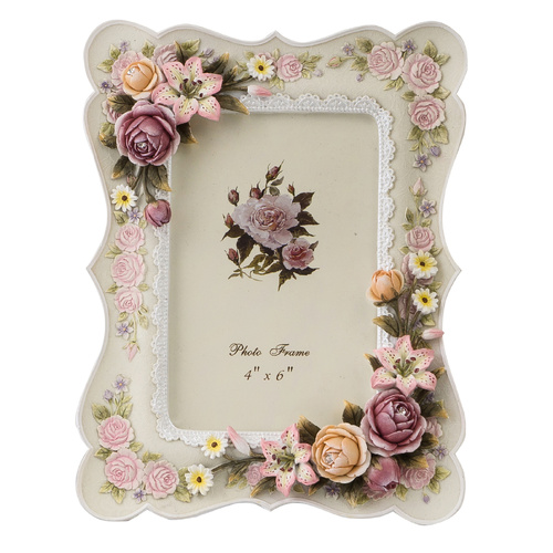 White Resin Lace Floral Design 10 x 15cm Photo Frame with Crystals ELENA