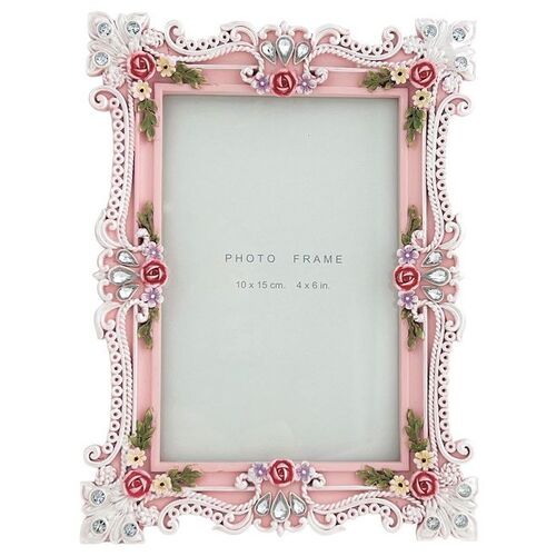 Pink Floral Resin Photo Frame with White Lace and Crystals 10 x 15cm (4 x 6") 'Mia'