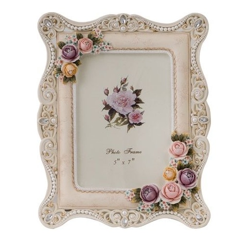 Cream Floral Resin Photo Frame with Lace Pearls and Crystals 13 x 18cm (5x7") 'Celia'