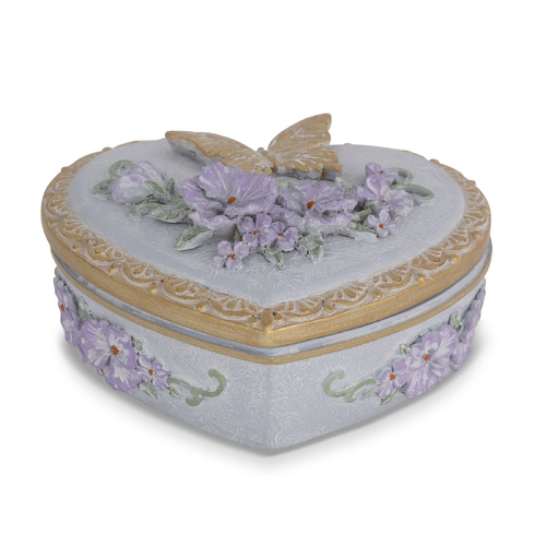 Lilac Resin Lace Floral Design Heart Trinket Box with Crystals VERONICA