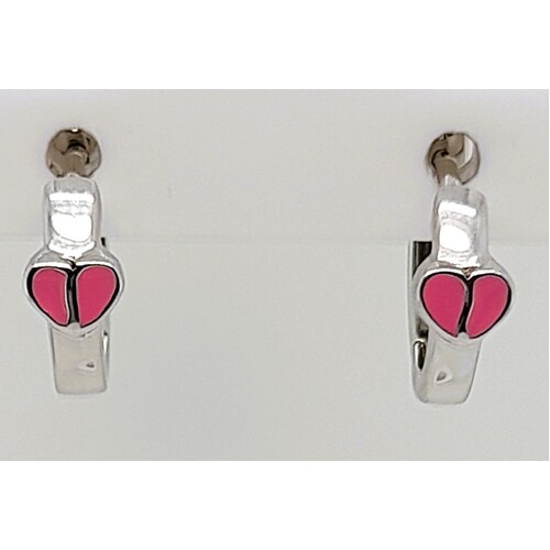 Sterling Silver Pink Enamel Heart Huggie Earrings 