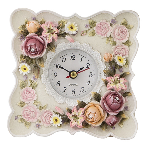 White Resin Lace Floral Design Bedside Clock with Crystals ELENA