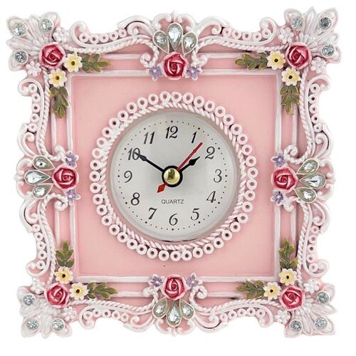 Pink Resin White Lace Floral Design Bedside Clock with Crystals 'Mia'