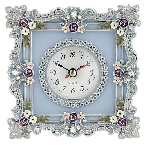 Blue Resin Lace Floral Design Bedside Clock with Crystals SOPHIE